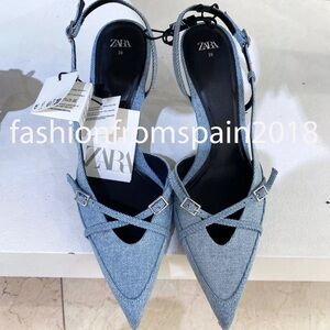 ZARA NEW WOMAN SLINGBACK DENIM HIGH-HEEL SHOES BLUE